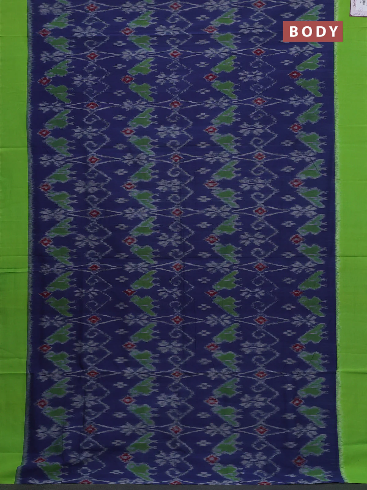 Ikat cotton saree blue and parrot green with allover ikat weaves and simple border - Image 2