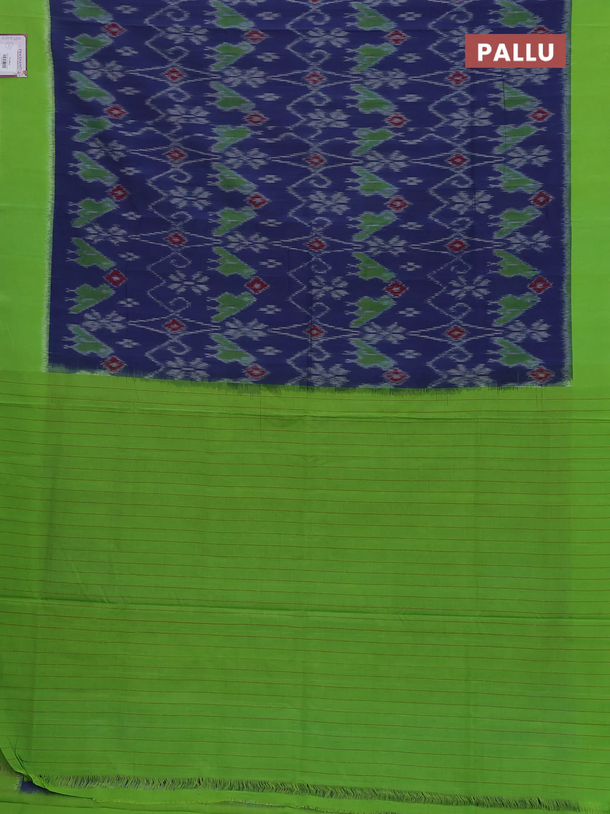 Ikat cotton saree blue and parrot green with allover ikat weaves and simple border - Image 3