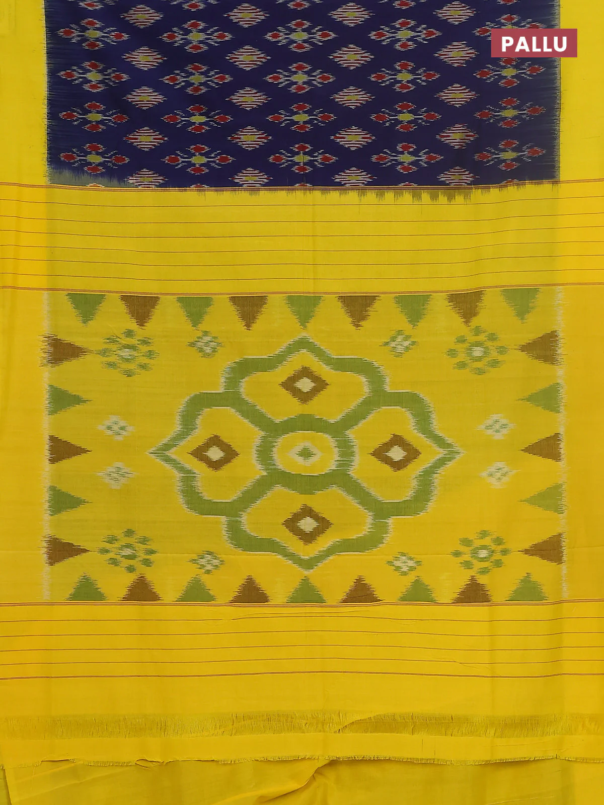 Ikat cotton saree blue and yellow with allover ikat butta weaves and simple border - Image 3