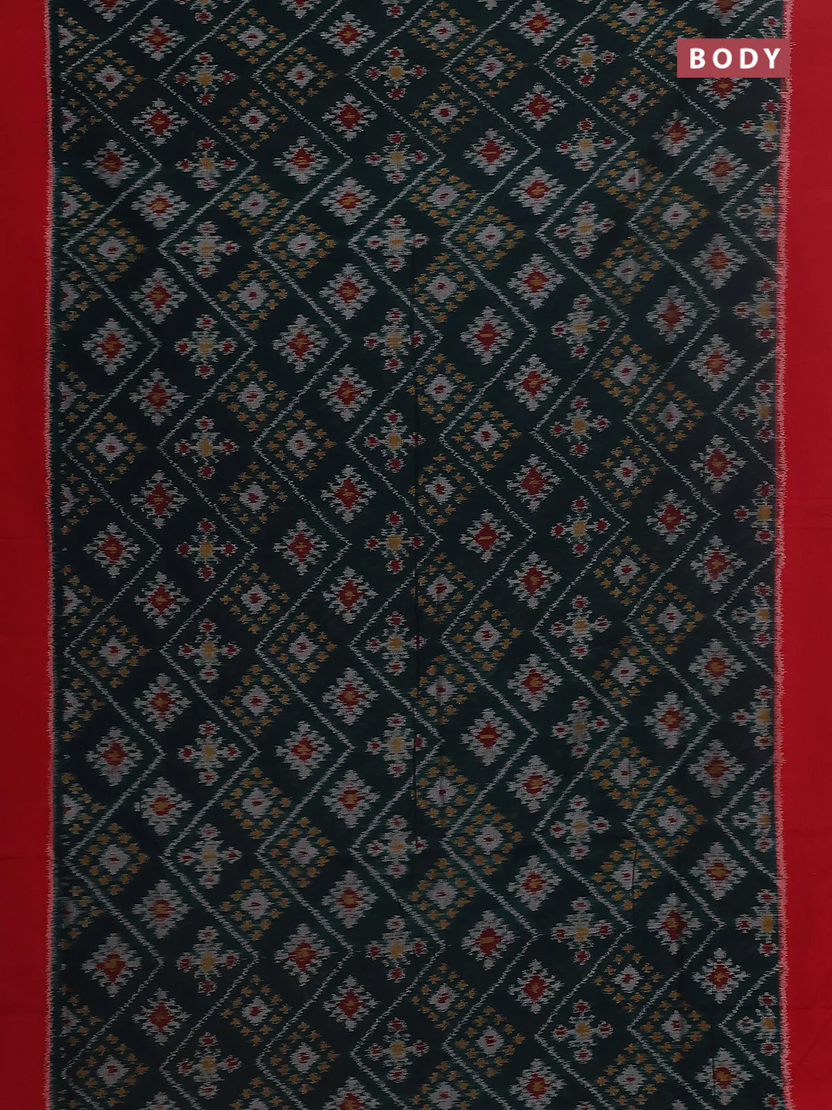 Ikat cotton saree bottel green and red with allover ikat butta weaves and simple border - Image 2