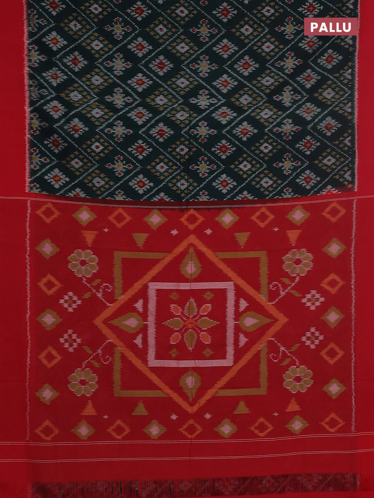 Ikat cotton saree bottel green and red with allover ikat butta weaves and simple border - Image 3
