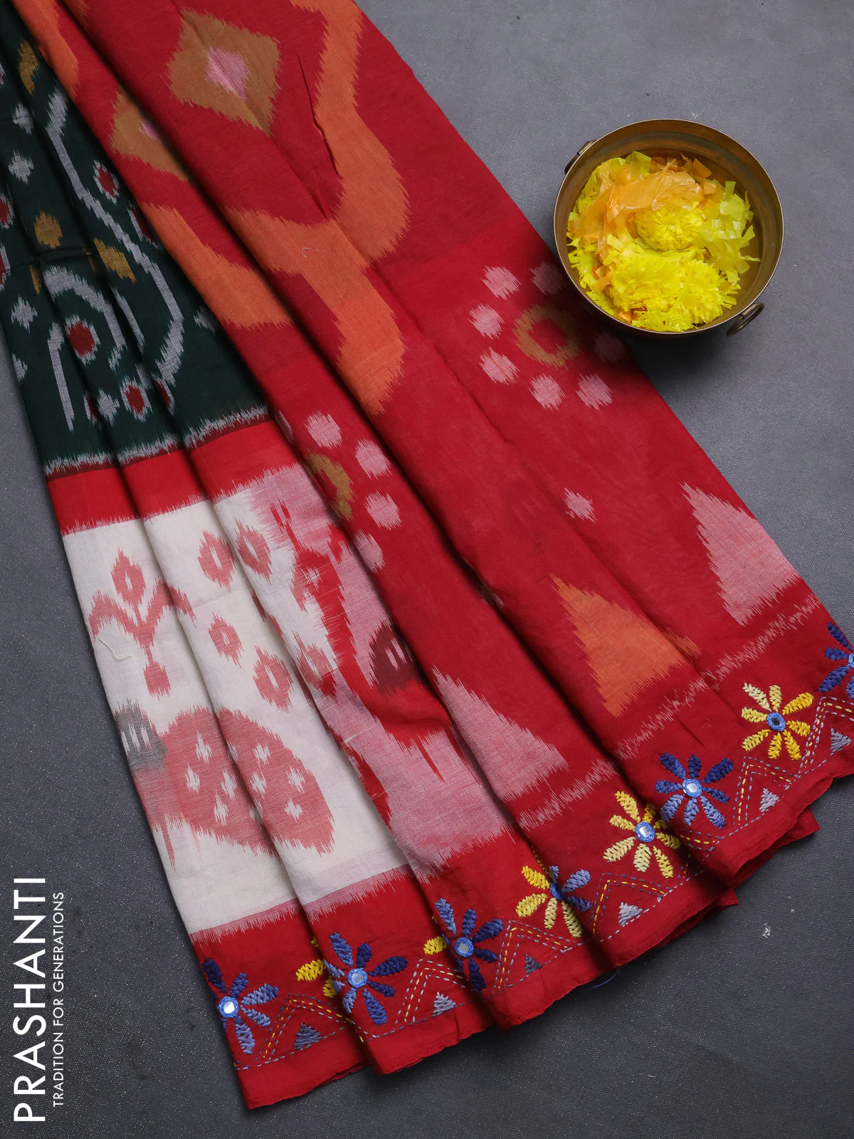 Ikat cotton saree bottle green and cream maroon with allover ikat weaves and kantha stitch work pallu