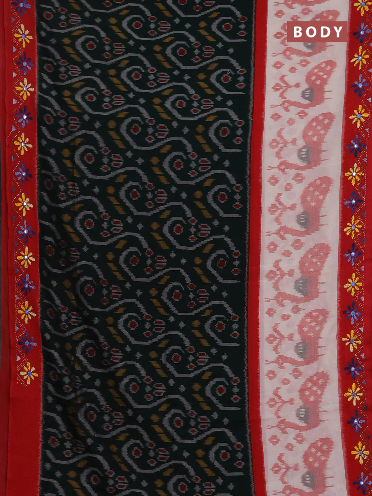 Ikat cotton saree bottle green and cream maroon with allover ikat weaves and kantha stitch work pallu - Image 2