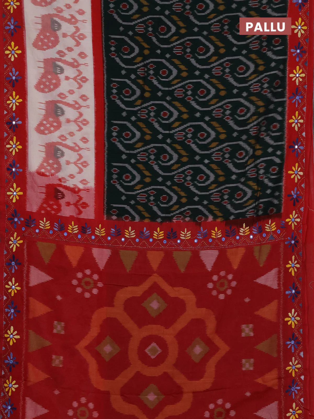 Ikat cotton saree bottle green and cream maroon with allover ikat weaves and kantha stitch work pallu - Image 3