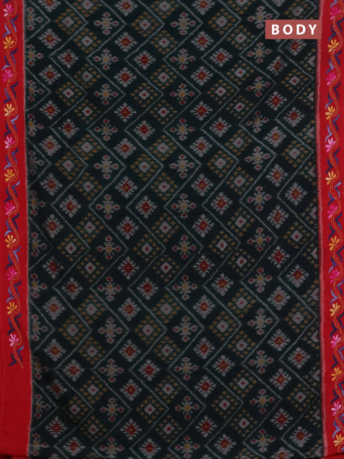 Ikat cotton saree bottle green and maroon with allover ikat weaves and kantha stitch work pallu - Image 2
