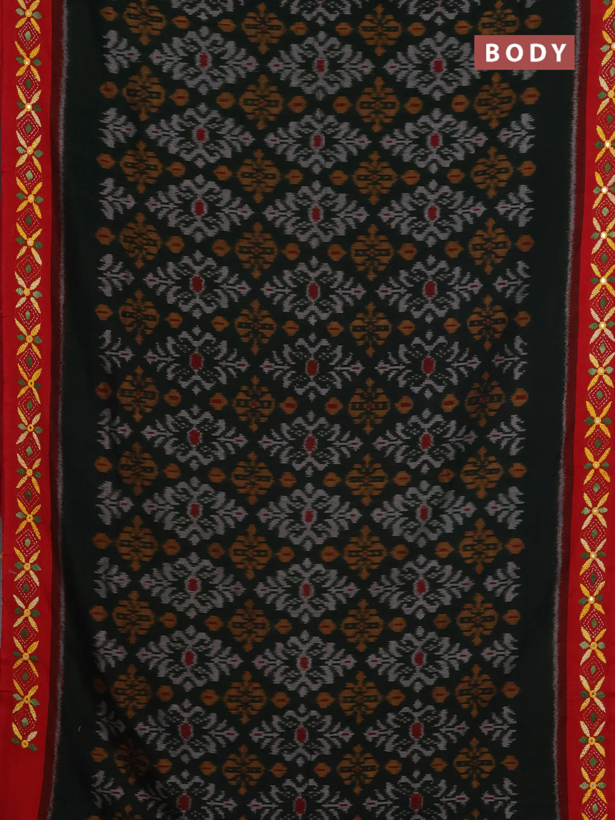 Ikat cotton saree bottle green and maroon with allover ikat weaves and kantha stitch work pallu - Image 2