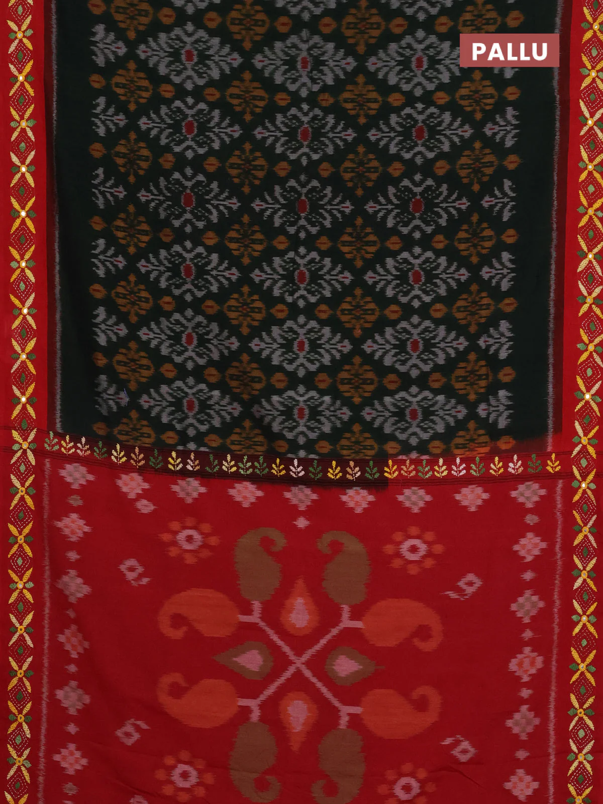 Ikat cotton saree bottle green and maroon with allover ikat weaves and kantha stitch work pallu - Image 3