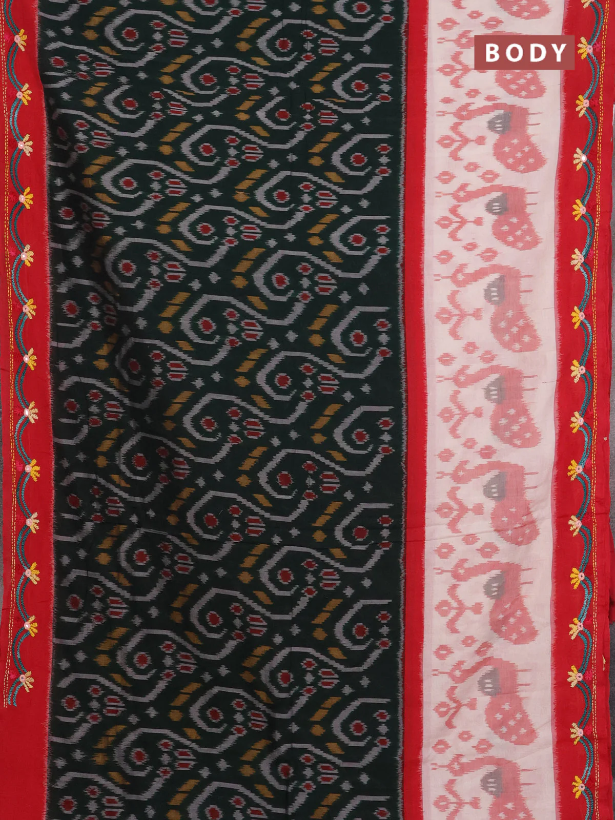 Ikat cotton saree bottle green and maroon with allover ikat weaves and kantha stitch work pallu - Image 2