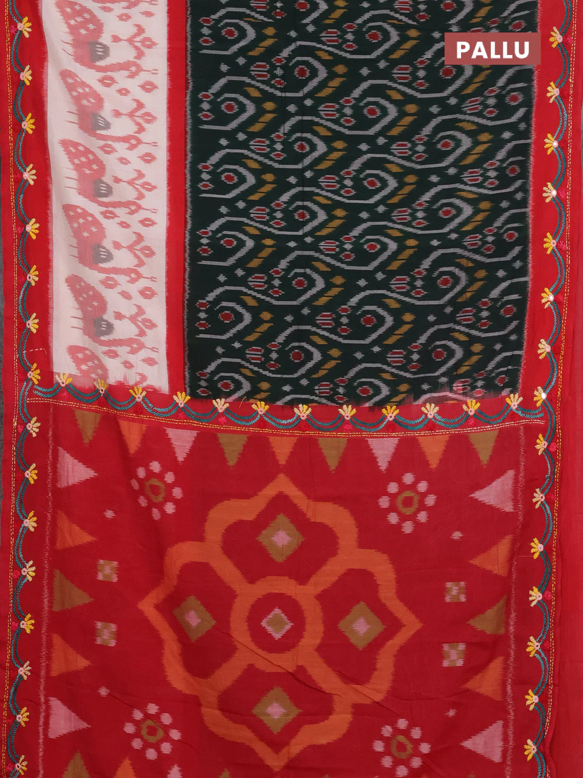 Ikat cotton saree bottle green and maroon with allover ikat weaves and kantha stitch work pallu - Image 3
