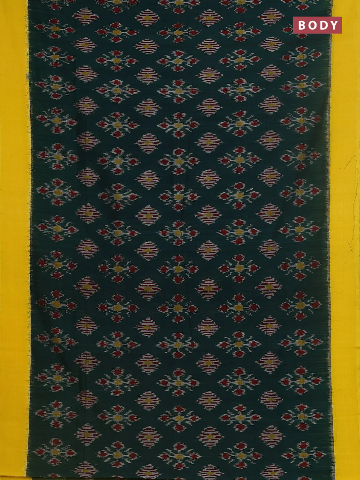 Ikat cotton saree bottle green and yellow with allover ikat butta weaves and simple border - Image 2