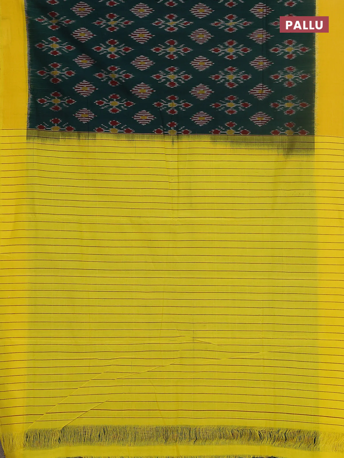 Ikat cotton saree bottle green and yellow with allover ikat butta weaves and simple border - Image 3