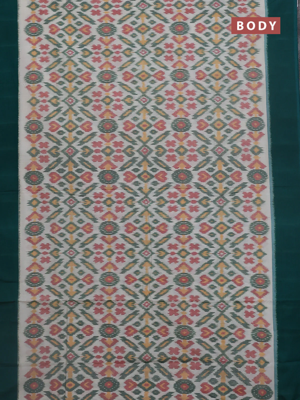 Ikat cotton saree cream and green with allover ikat weaves and simple border - Image 2