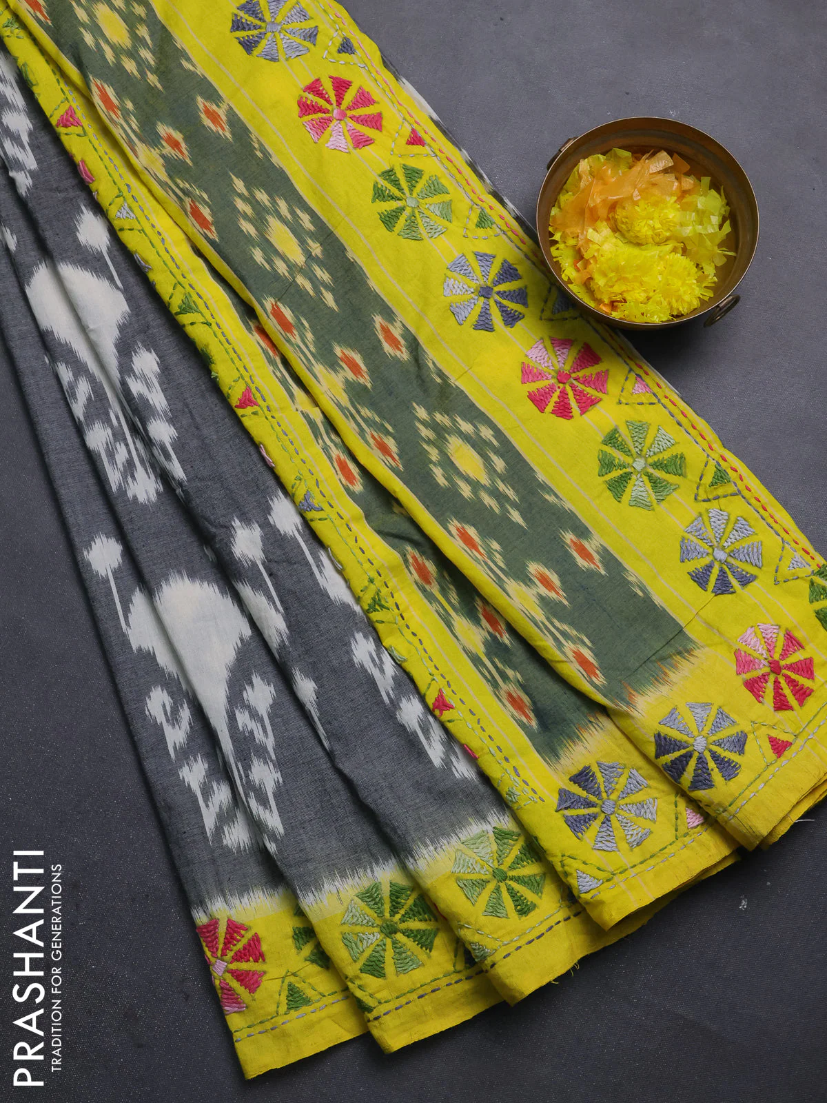 Ikat cotton saree cream black and yellow with allover ikat weaves and kantha stitch work pallu