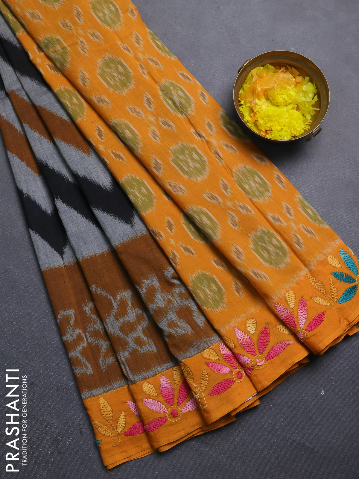Ikat cotton saree dark mustard and mango yellow with allover zigzag ikat weaves and ikat woven & kantha stitch work pallu