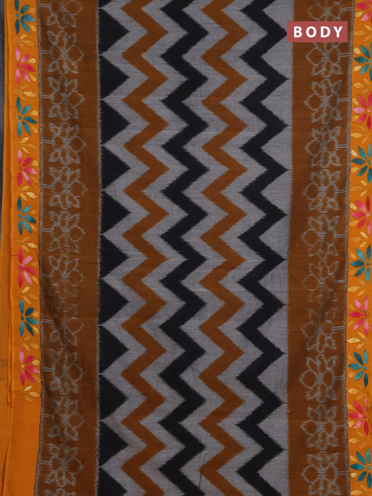 Ikat cotton saree dark mustard and mango yellow with allover zigzag ikat weaves and ikat woven & kantha stitch work pallu - Image 2