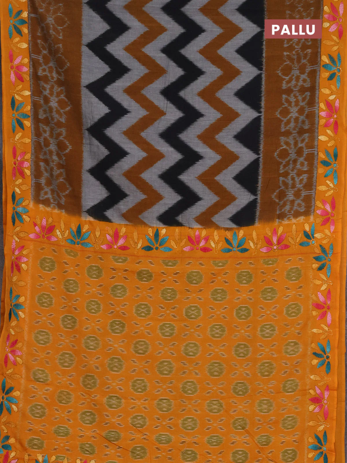 Ikat cotton saree dark mustard and mango yellow with allover zigzag ikat weaves and ikat woven & kantha stitch work pallu - Image 3
