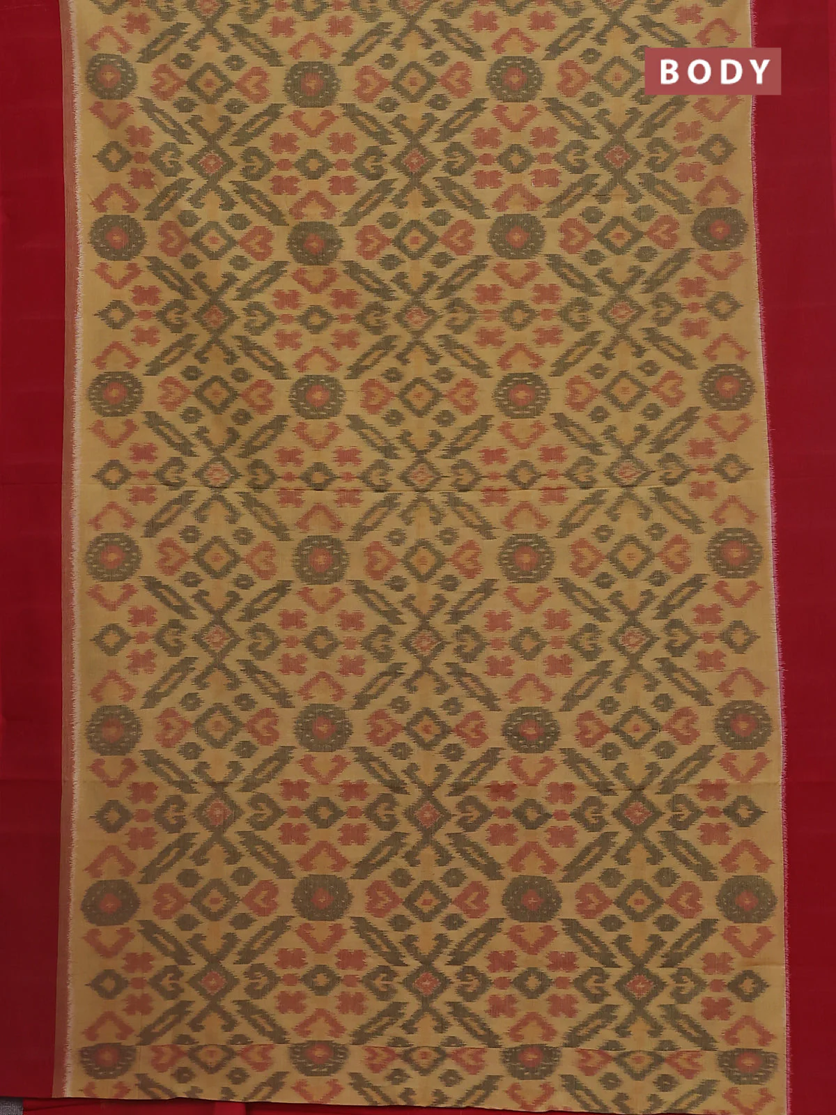 Ikat cotton saree dark mustard and maroon with allover ikat weaves and simple border - Image 2