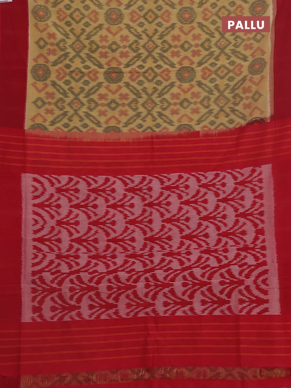 Ikat cotton saree dark mustard and maroon with allover ikat weaves and simple border - Image 3