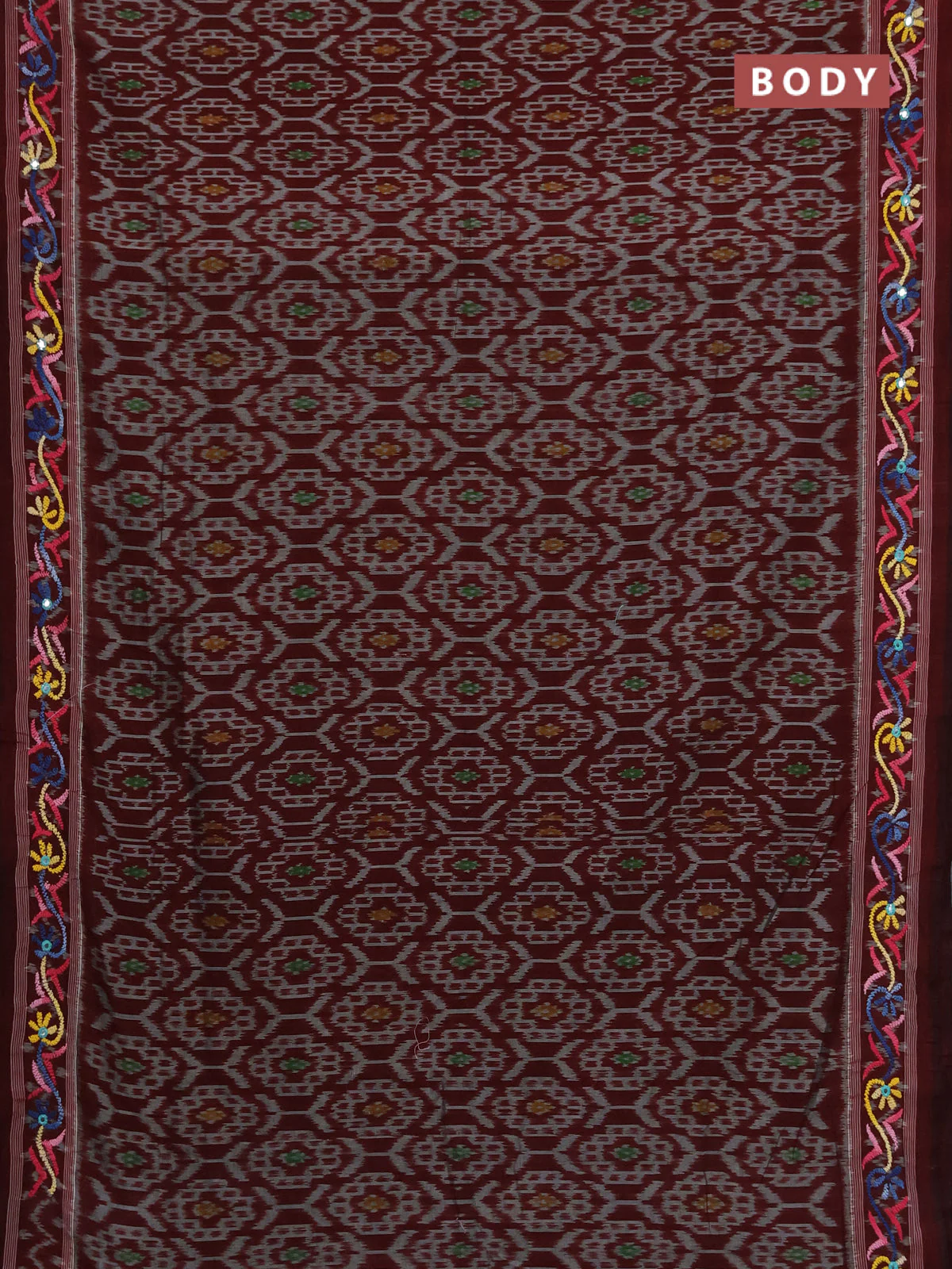 Ikat cotton saree deep maroon with allover ikat weaves and kantha stitch work pallu - Image 2