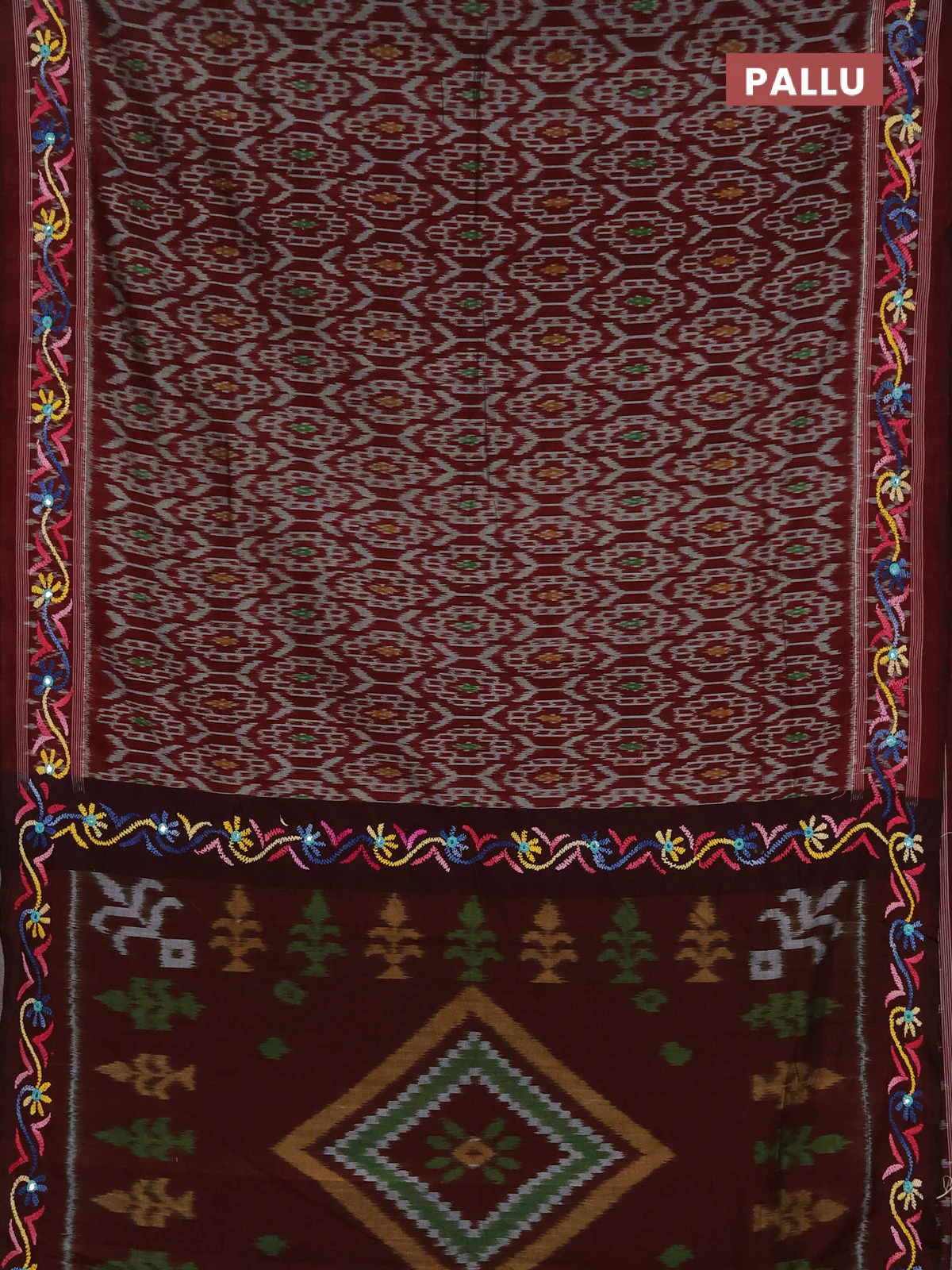 Ikat cotton saree deep maroon with allover ikat weaves and kantha stitch work pallu - Image 3
