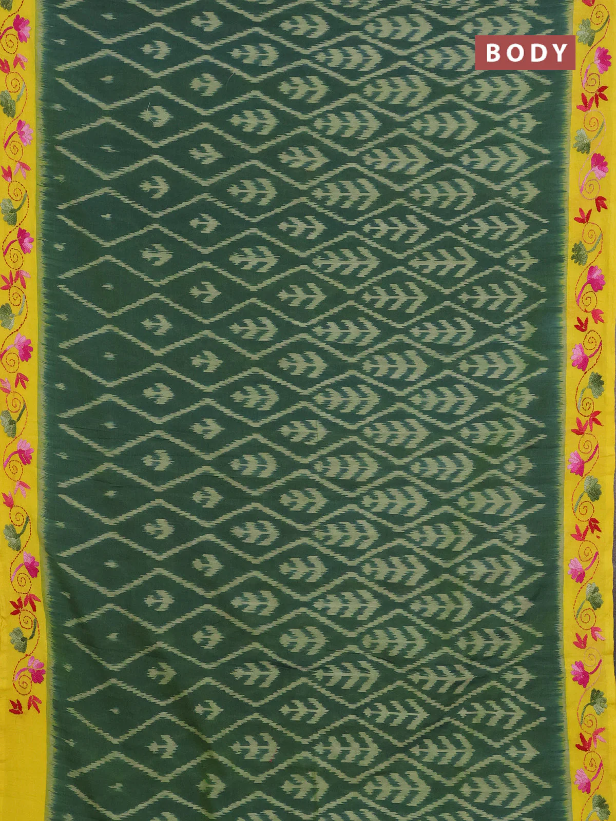 Ikat cotton saree dual shade of greenish yellow and yellow with allover ikat weaves and kantha stitch work pallu - Image 2