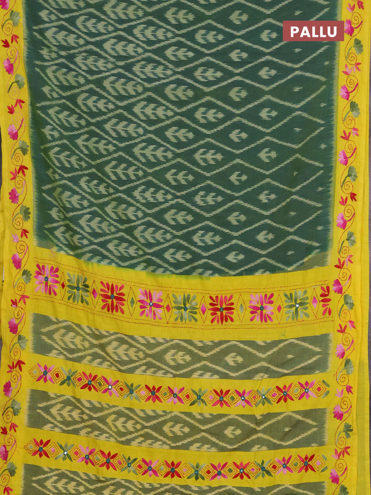 Ikat cotton saree dual shade of greenish yellow and yellow with allover ikat weaves and kantha stitch work pallu - Image 3