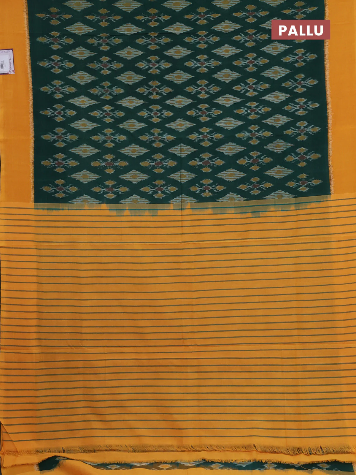 Ikat cotton saree green and mustard with allover ikat weaves and simple border - Image 3