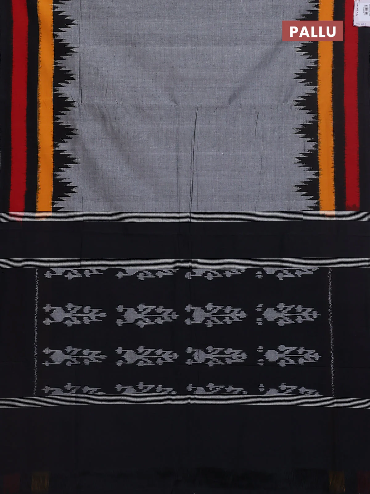 Ikat cotton saree grey and black with plain body and temple design ikat border - Image 3