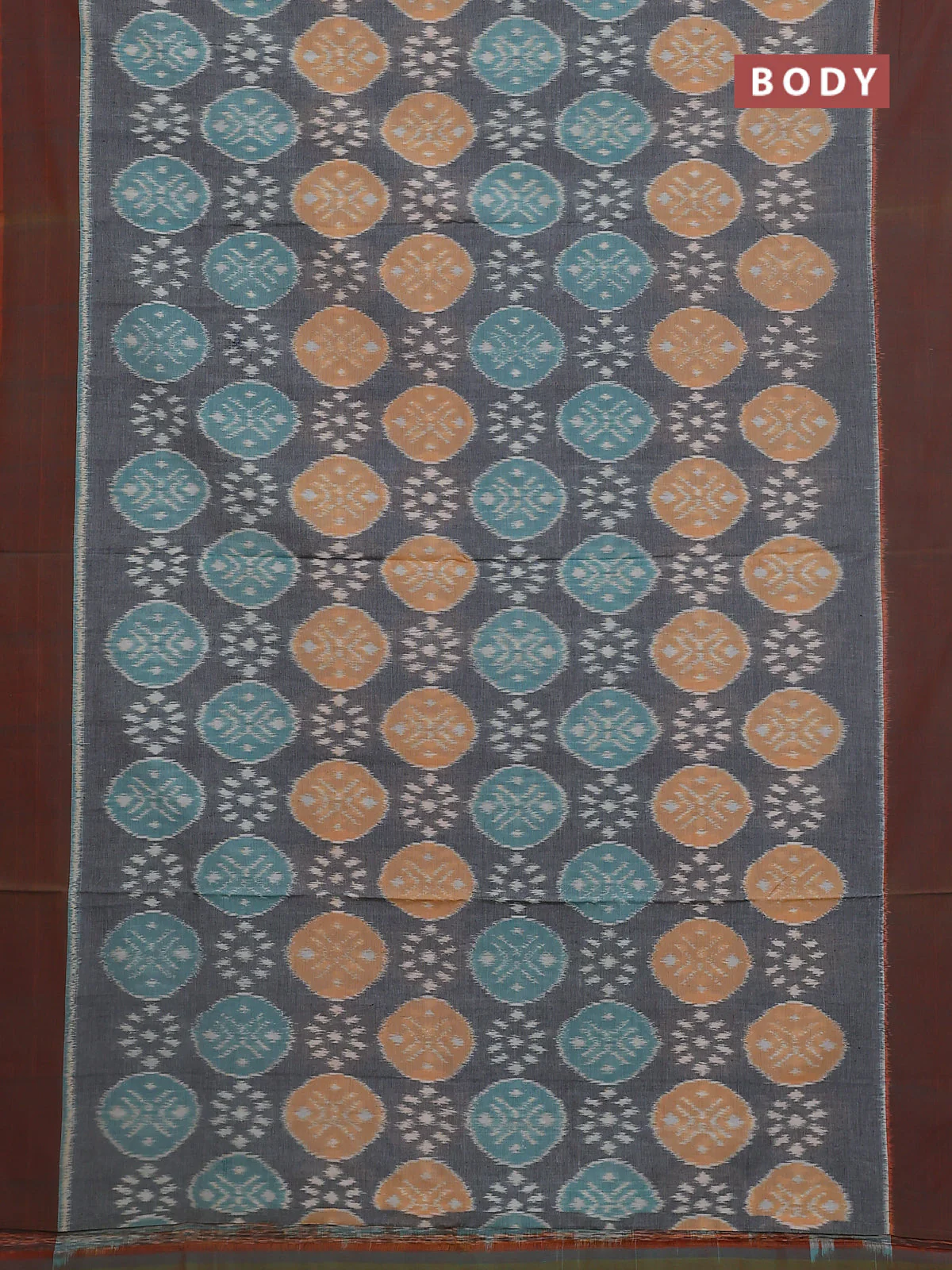 Ikat cotton saree grey and dual shade of orange with allover ikat weaves and simple border - Image 2