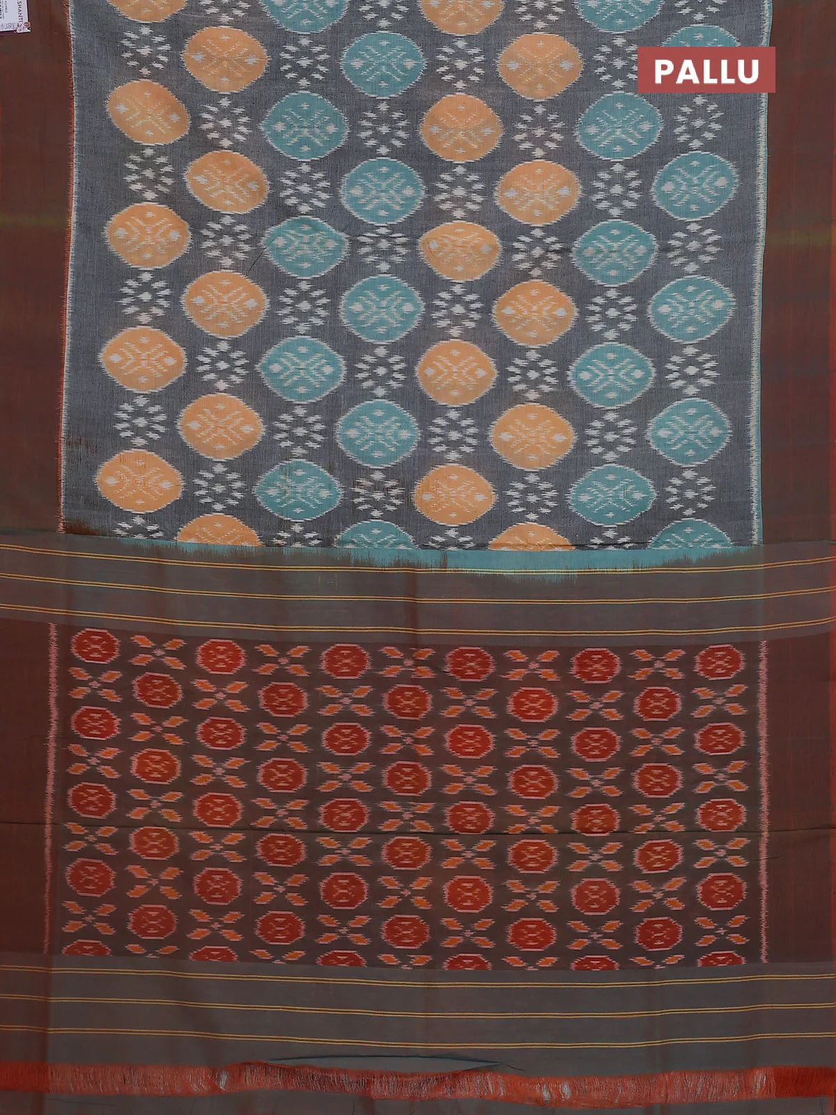 Ikat cotton saree grey and dual shade of orange with allover ikat weaves and simple border - Image 3