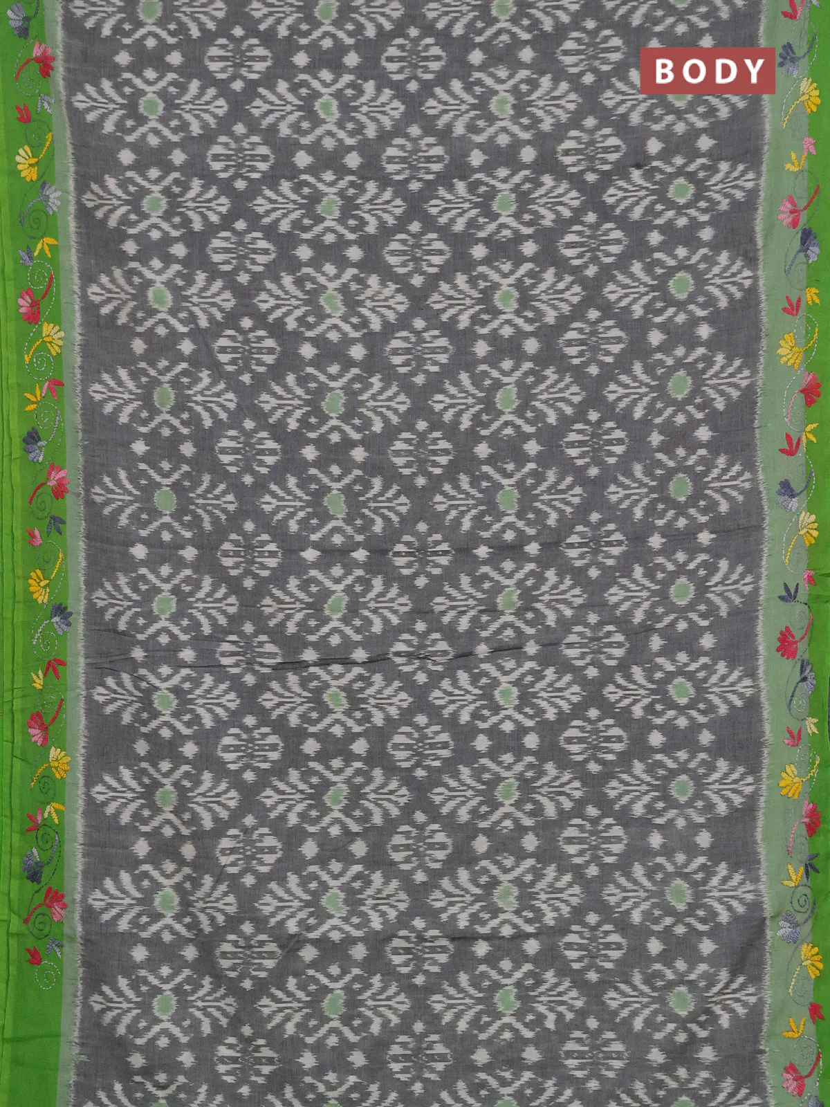Ikat cotton saree grey and light green with allover ikat weaves and kantha stitch work pallu - Image 2