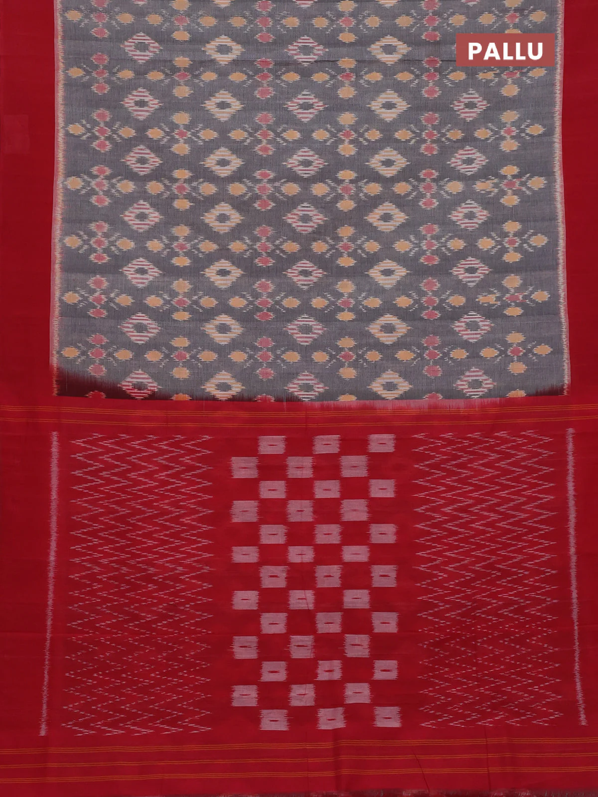 Ikat cotton saree grey and maroon with allover ikat weaves and simple border - Image 3