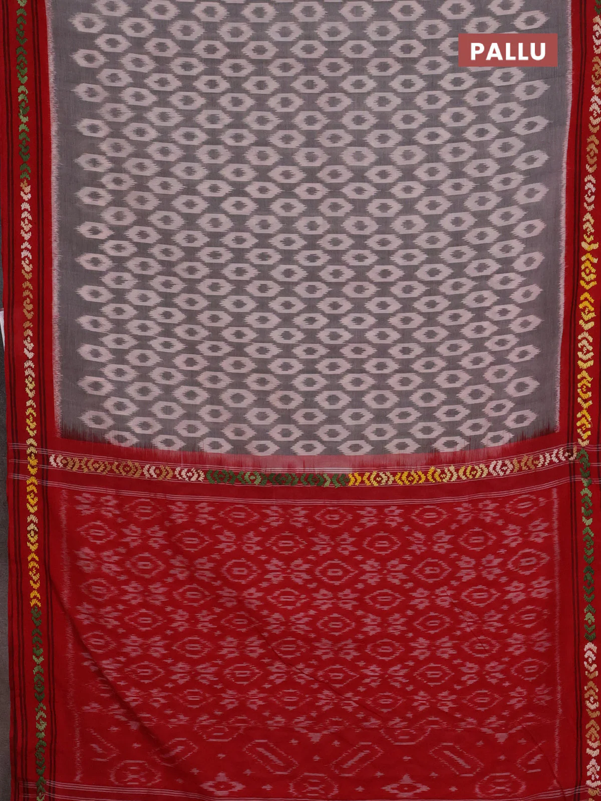 Ikat cotton saree grey and maroon with allover ikat woven buttas and kantha stitch work pallu - Image 3