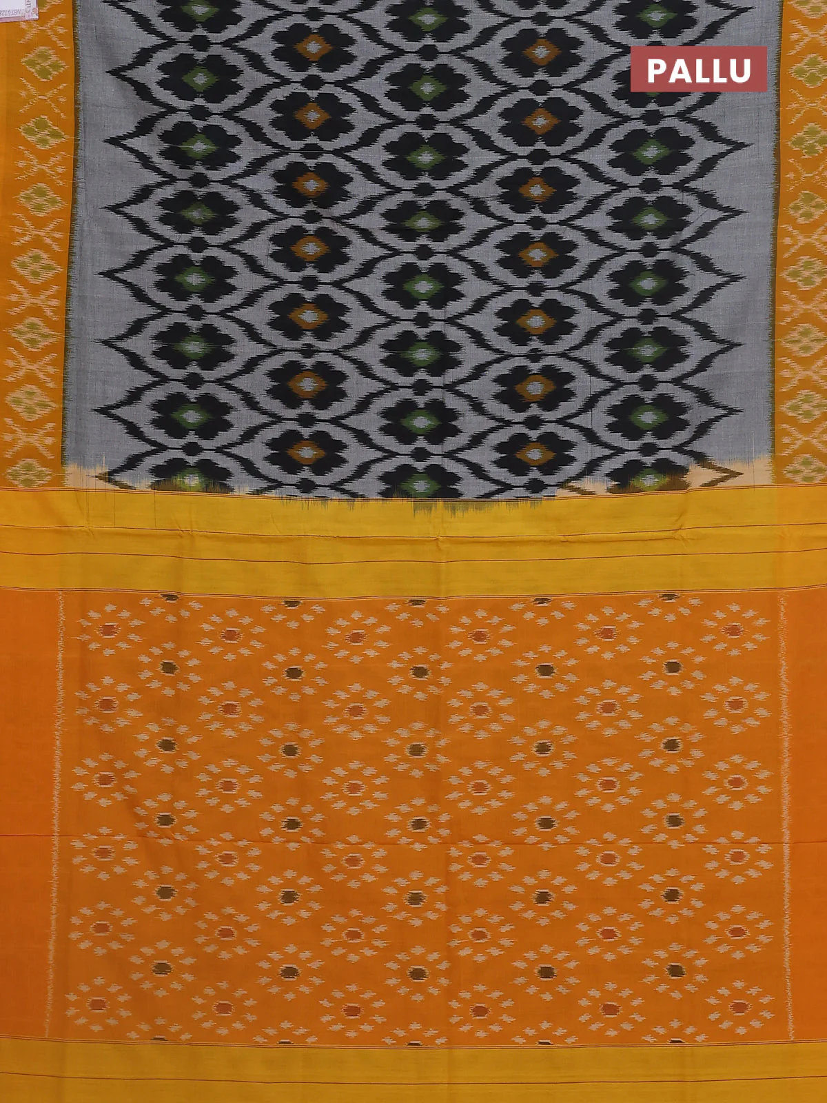 Ikat cotton saree grey and mustard yellow with allover ikat weaves and ikat woven border - Image 3