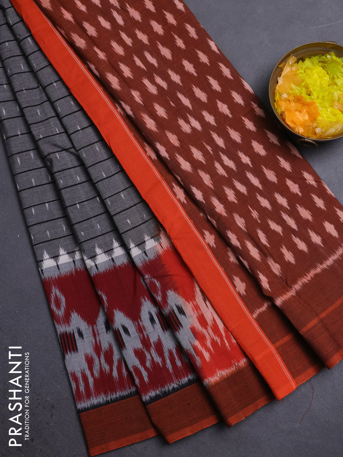 Ikat cotton saree grey and orange with ikat weaves and ikat woven border
