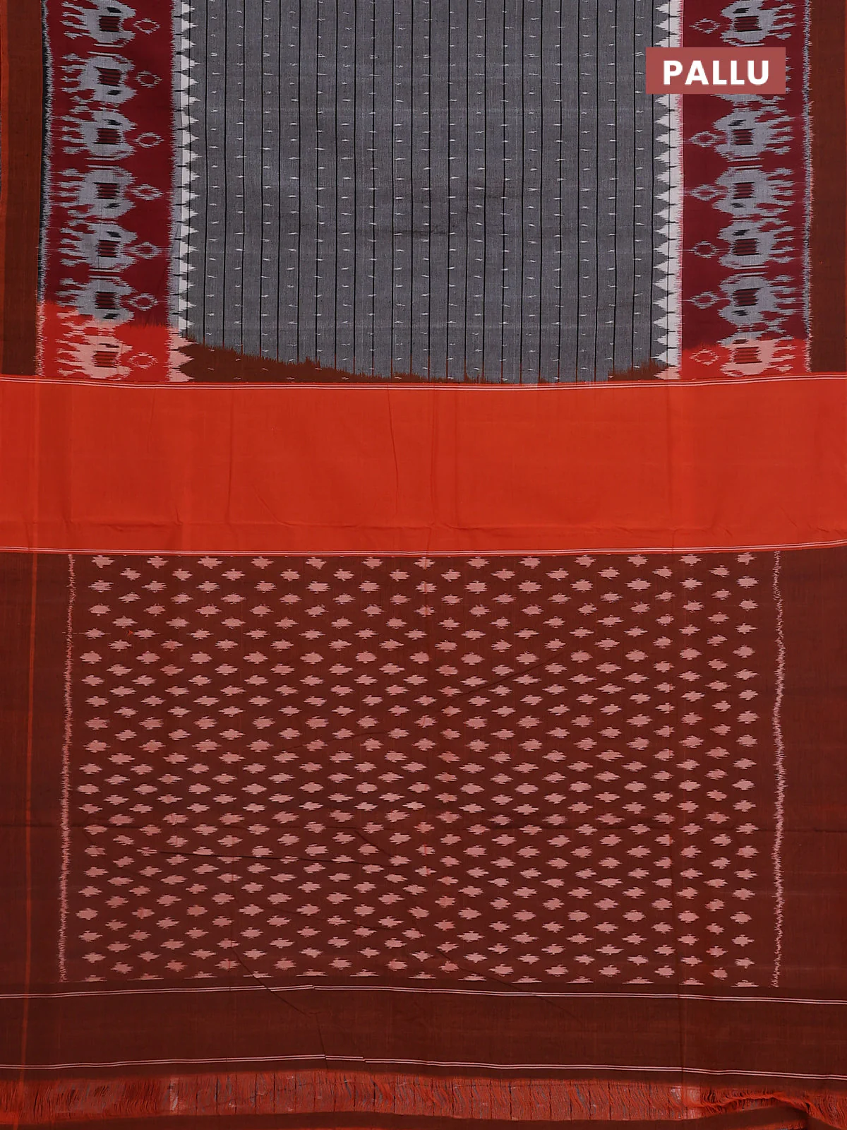 Ikat cotton saree grey and orange with ikat weaves and ikat woven border - Image 3