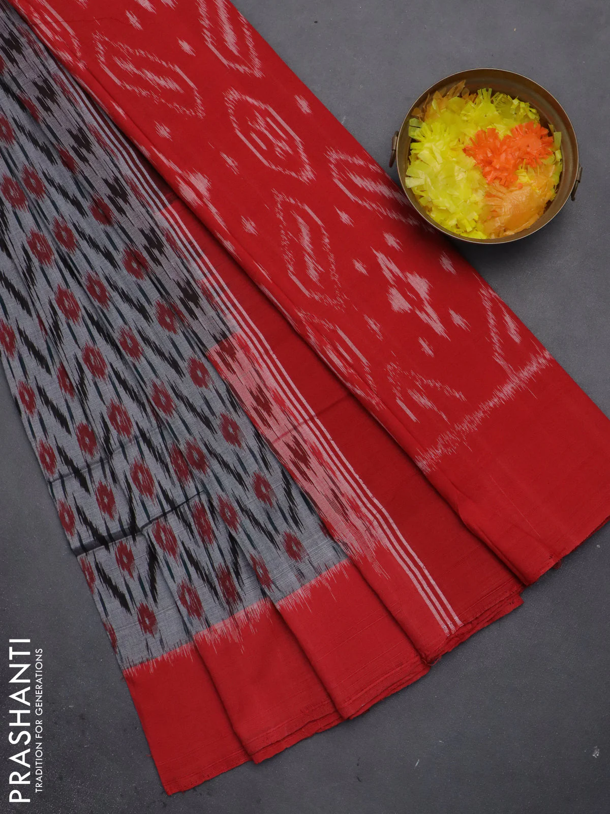 Ikat cotton saree grey and red with allover ikat weaves and simple border