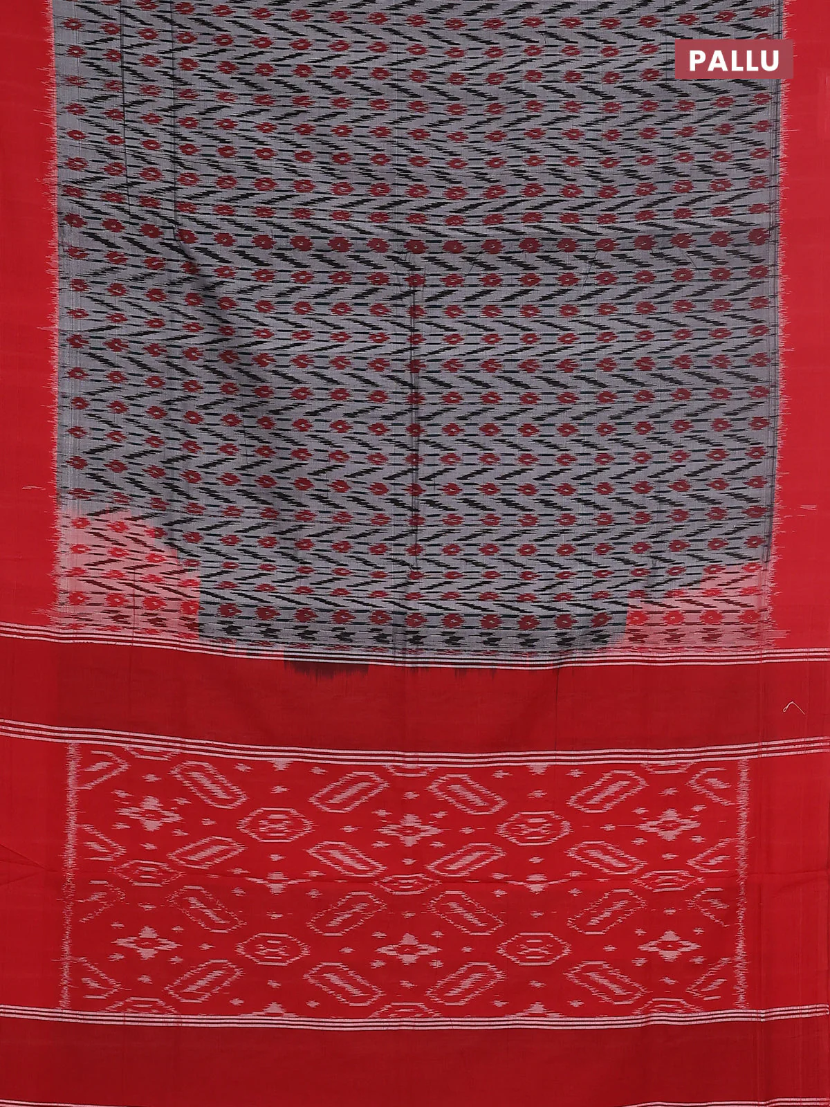 Ikat cotton saree grey and red with allover ikat weaves and simple border - Image 3