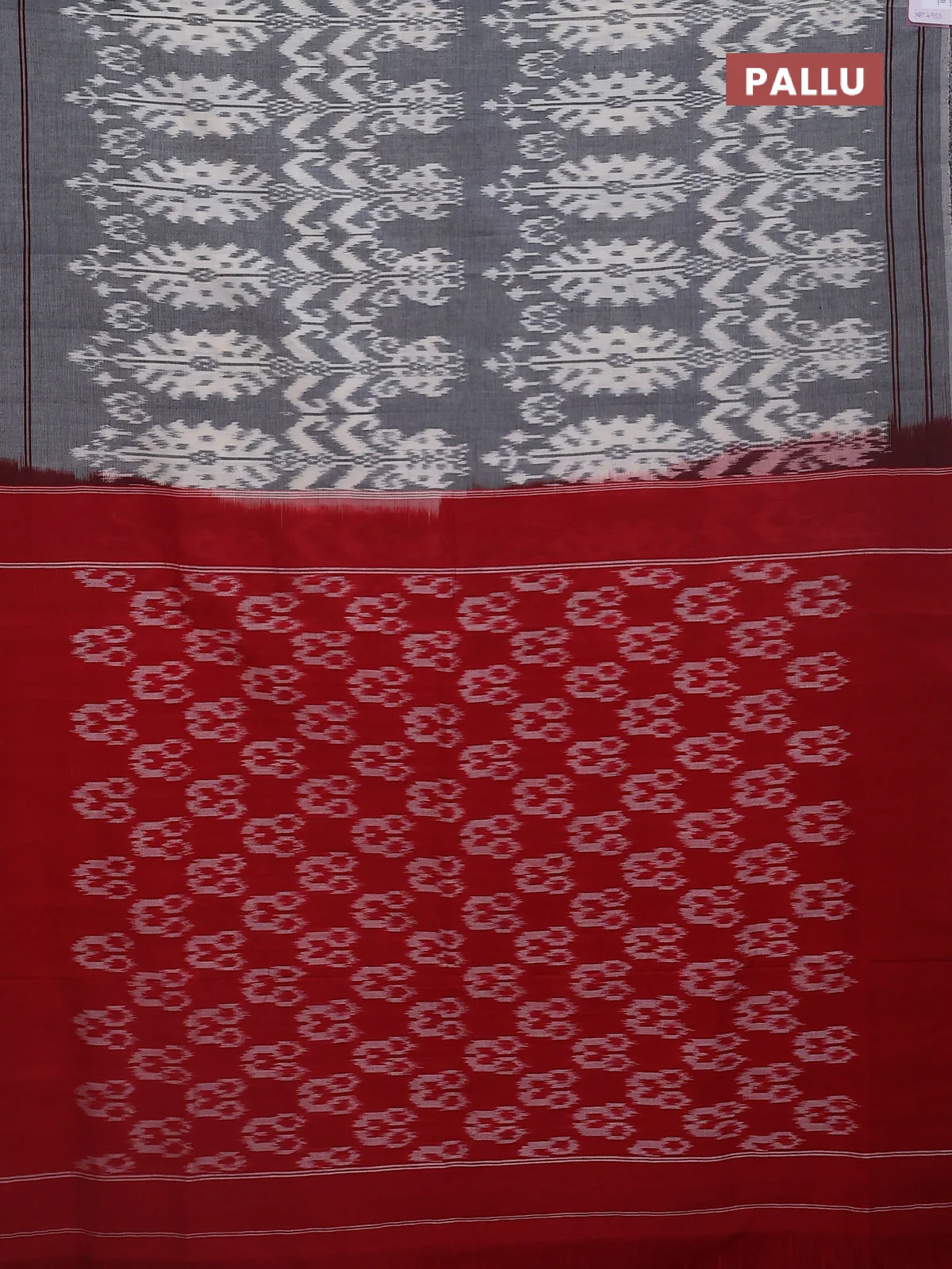 Ikat cotton saree grey and red with allover ikat weaves and simple border - Image 3