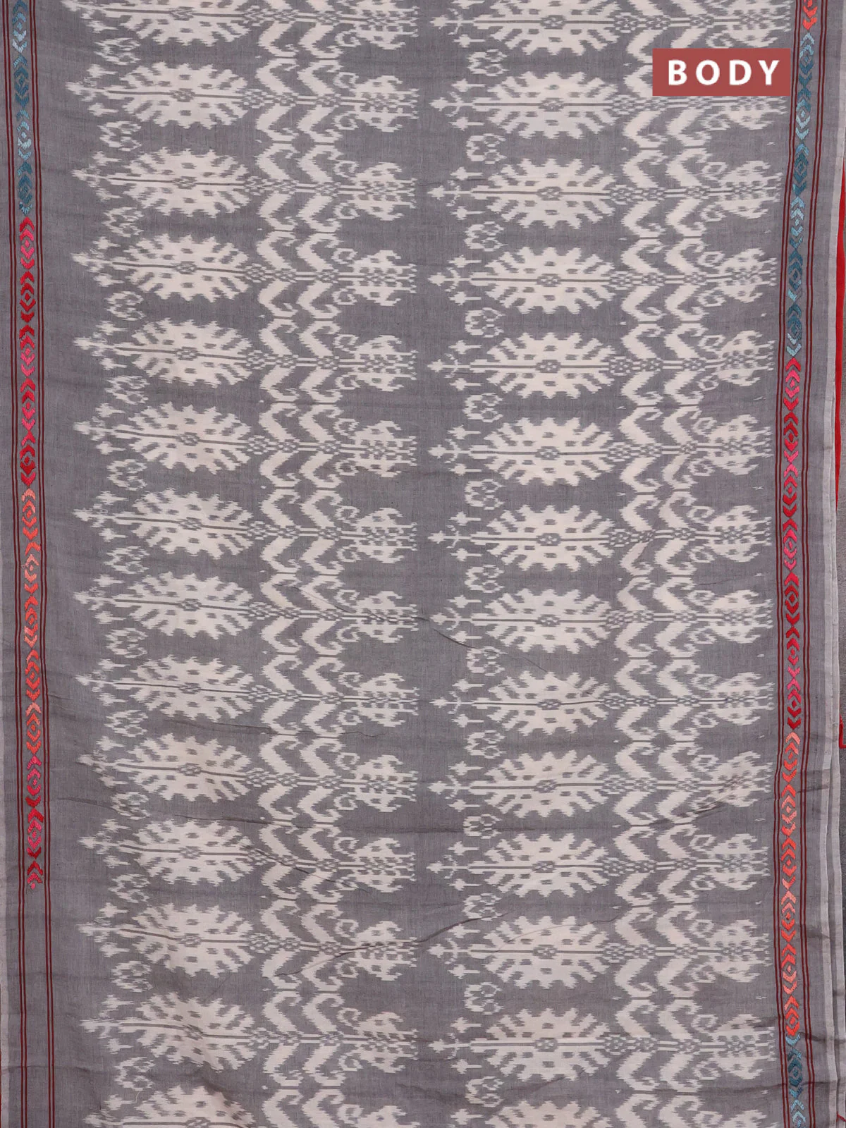 Ikat cotton saree grey cream and maroon with allover ikat weaves and kantha stitch work pallu - Image 2