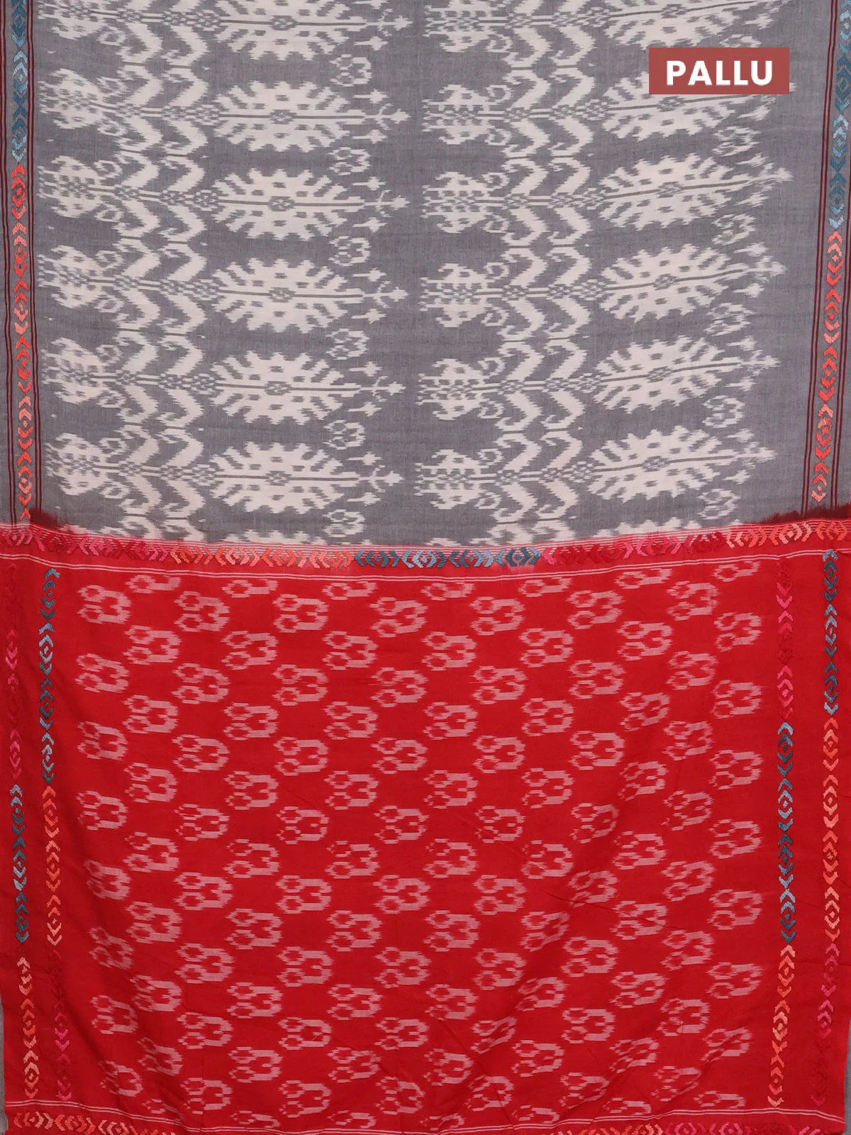 Ikat cotton saree grey cream and maroon with allover ikat weaves and kantha stitch work pallu - Image 3