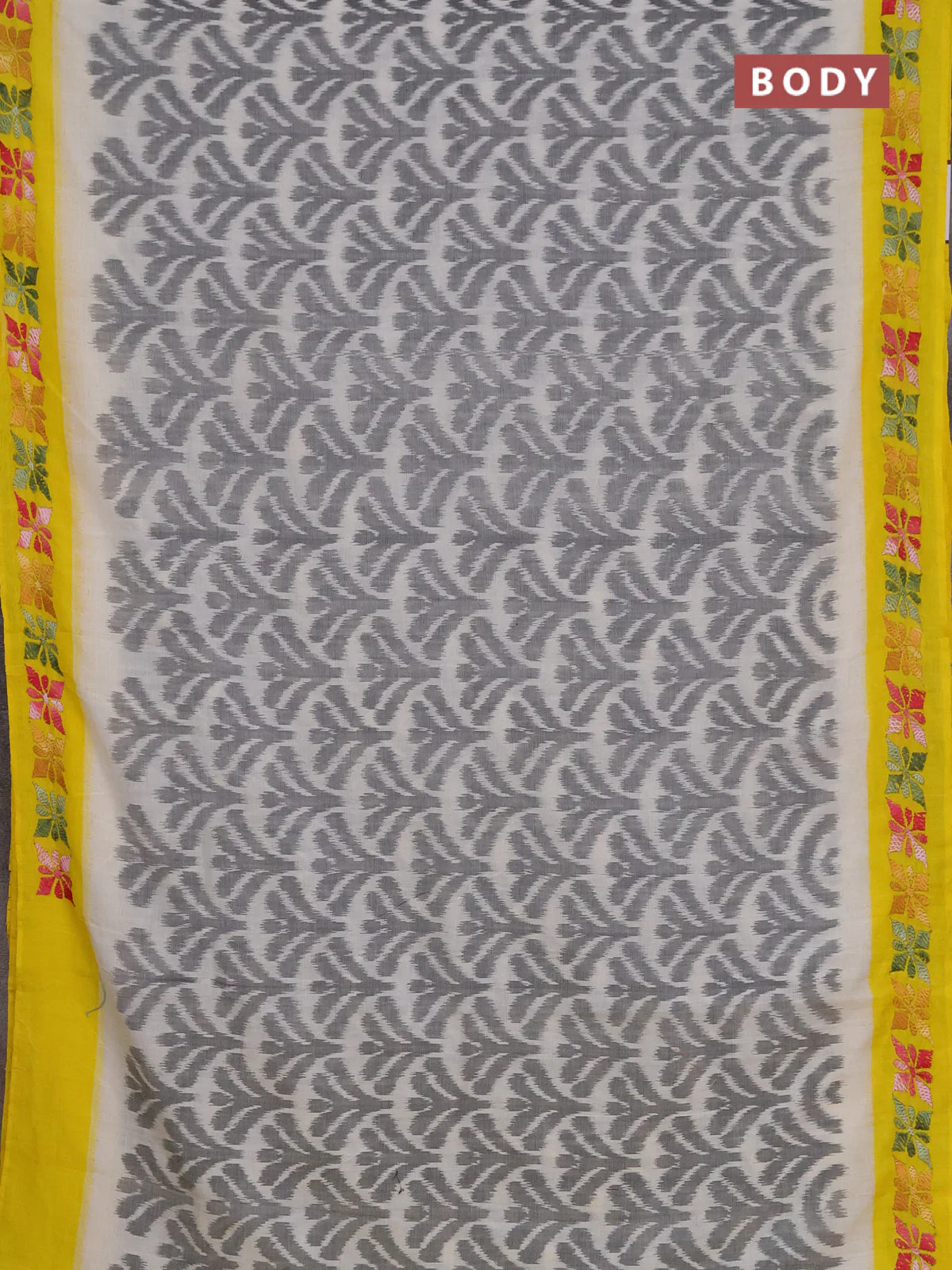 Ikat cotton saree grey cream and yellow with allover ikat weaves and kantha stitch work pallu - Image 2