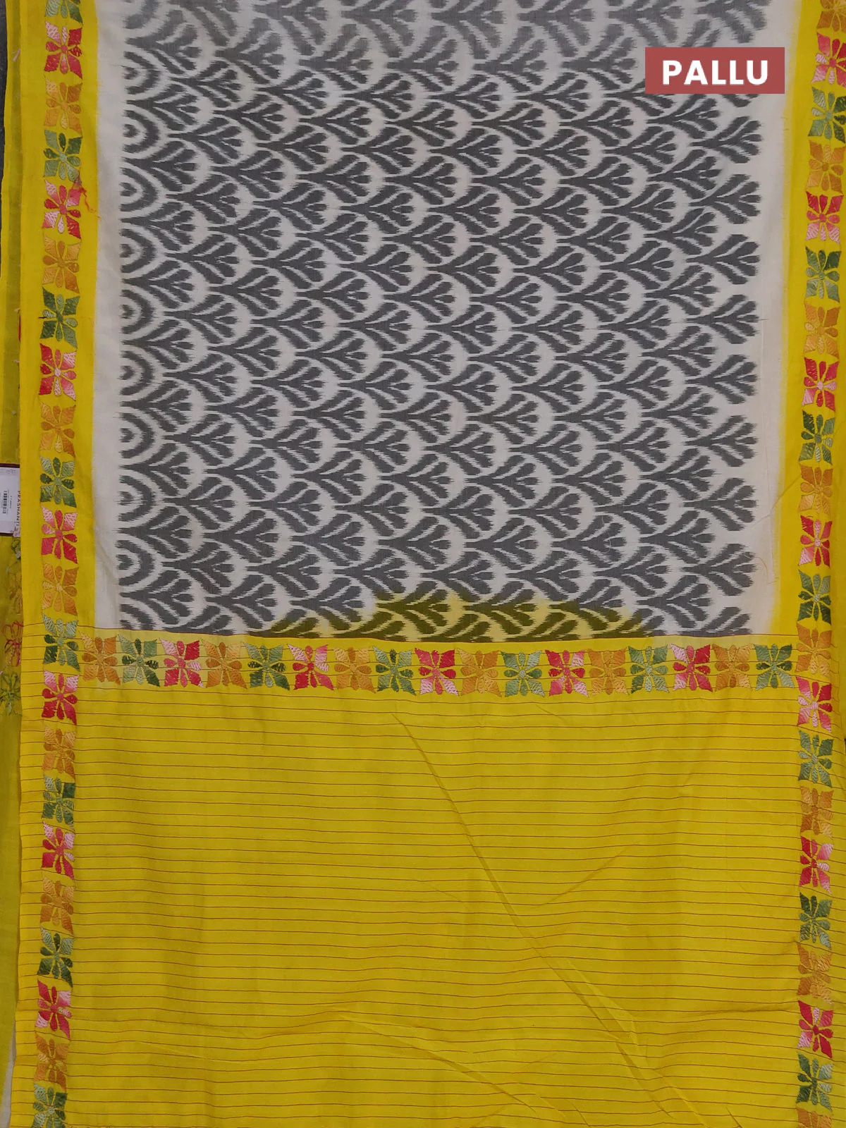 Ikat cotton saree grey cream and yellow with allover ikat weaves and kantha stitch work pallu - Image 3