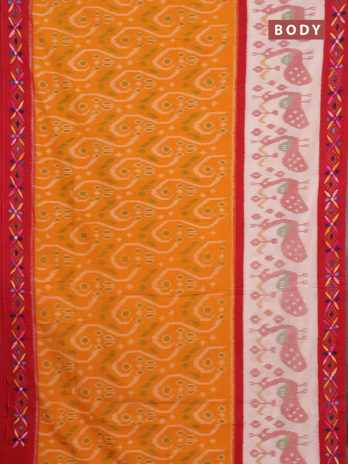 Ikat cotton saree mango yellow and cream maroon with allover ikat weaves and kantha stitch work pallu - Image 2