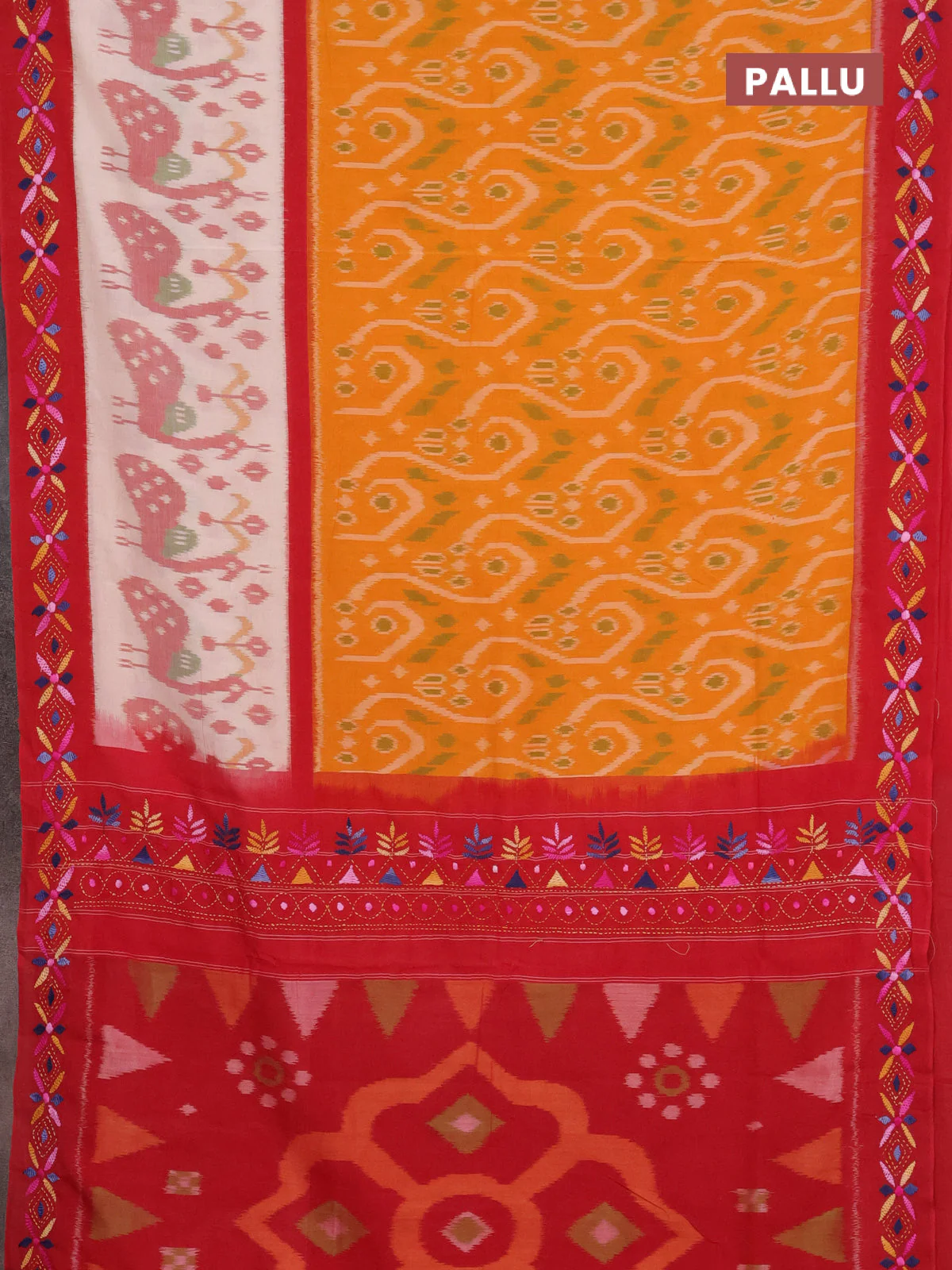 Ikat cotton saree mango yellow and cream maroon with allover ikat weaves and kantha stitch work pallu - Image 3