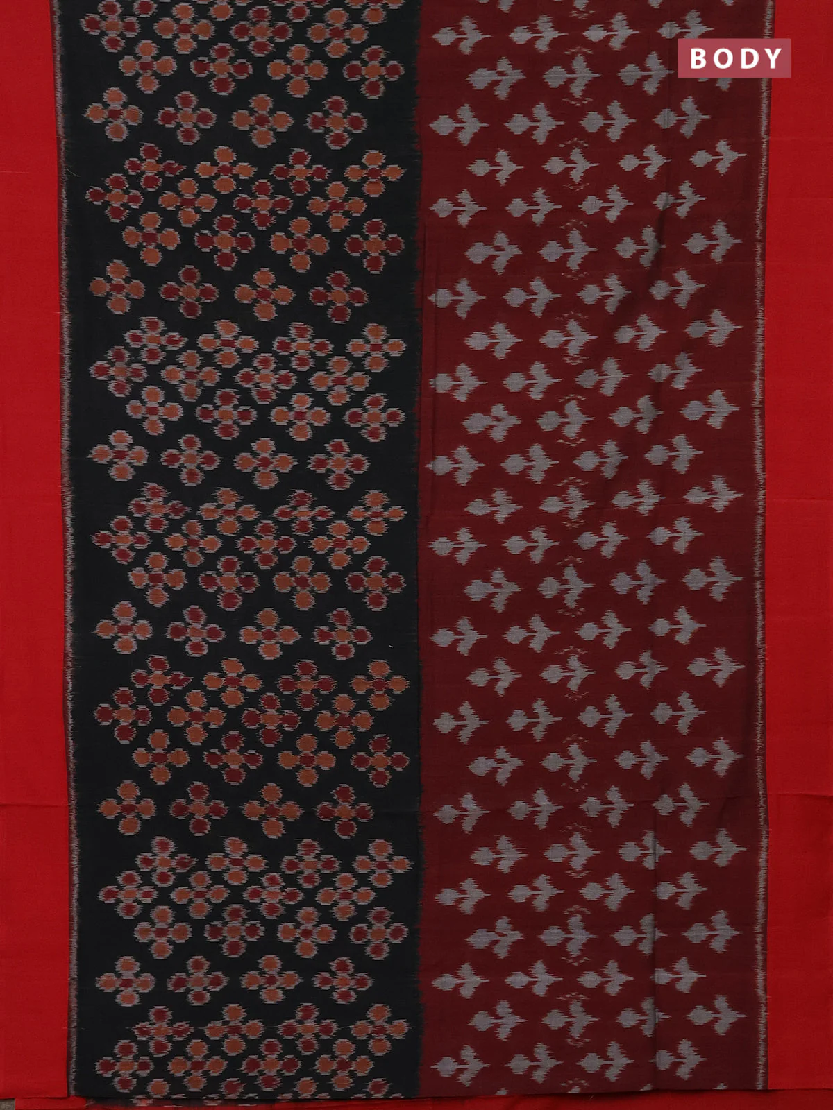 Ikat cotton saree maroon black and red with allover half & half style and simple border - Image 2
