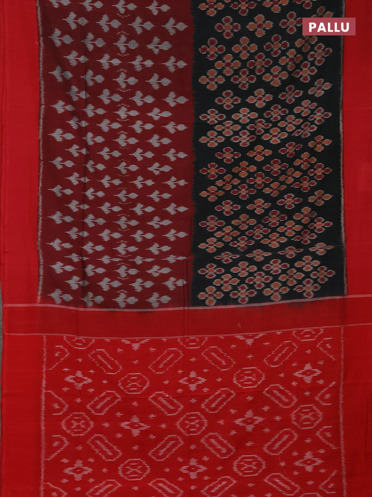 Ikat cotton saree maroon black and red with allover half & half style and simple border - Image 3
