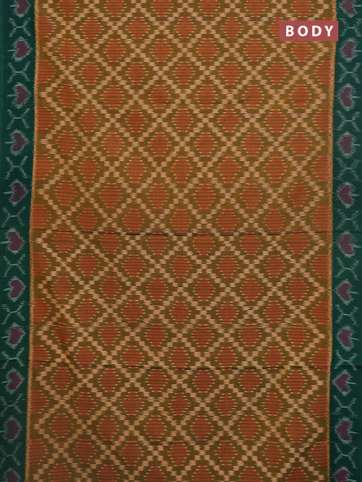 Ikat cotton saree mehendi green and green with allover ikat weaves and ikat woven border - Image 2