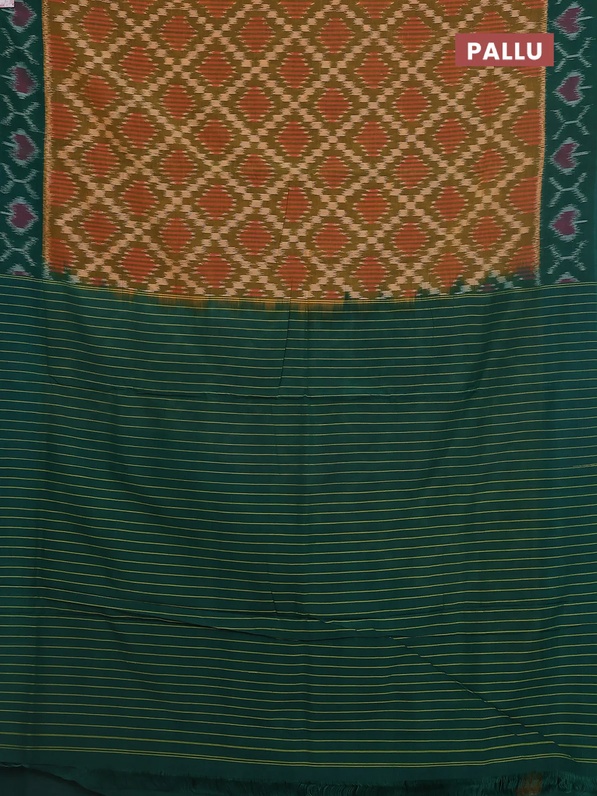 Ikat cotton saree mehendi green and green with allover ikat weaves and ikat woven border - Image 3