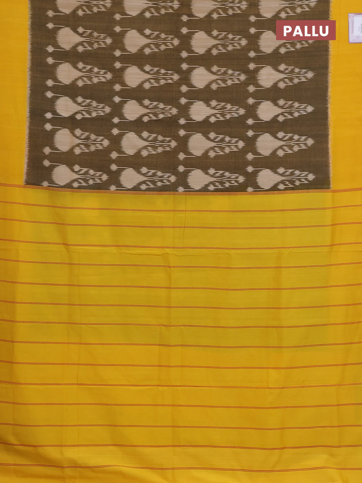 Ikat cotton saree mehendi green and yellow with allover ikat weaves and simple border - Image 3